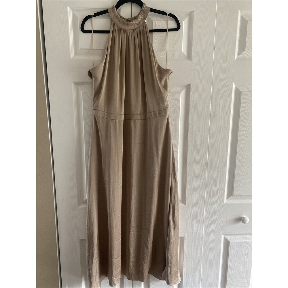 Elie Tahari Halter Midi Dress Womens Size 12 Tan Beige Ruffle Neck Cocktail Poly
